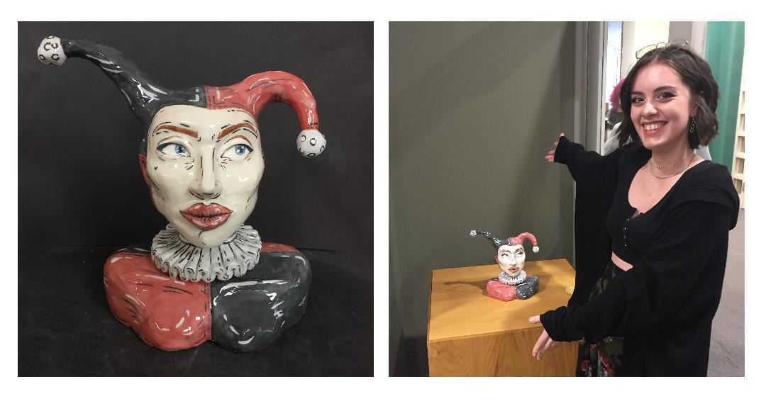 image on left of Harley Quinn Sculpture; image on right of Emily Smith at show opening