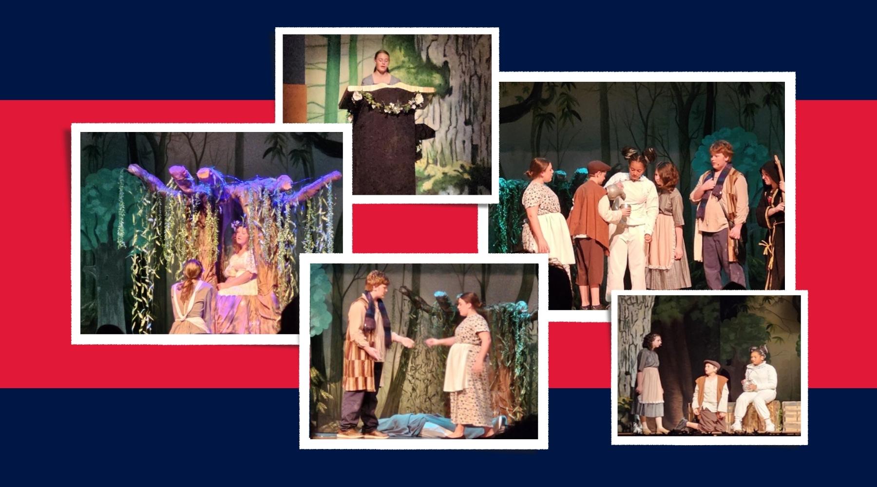 A collage of photos featuring grades 7 to 9 students in costume on stage performing "Into the Woods JR."