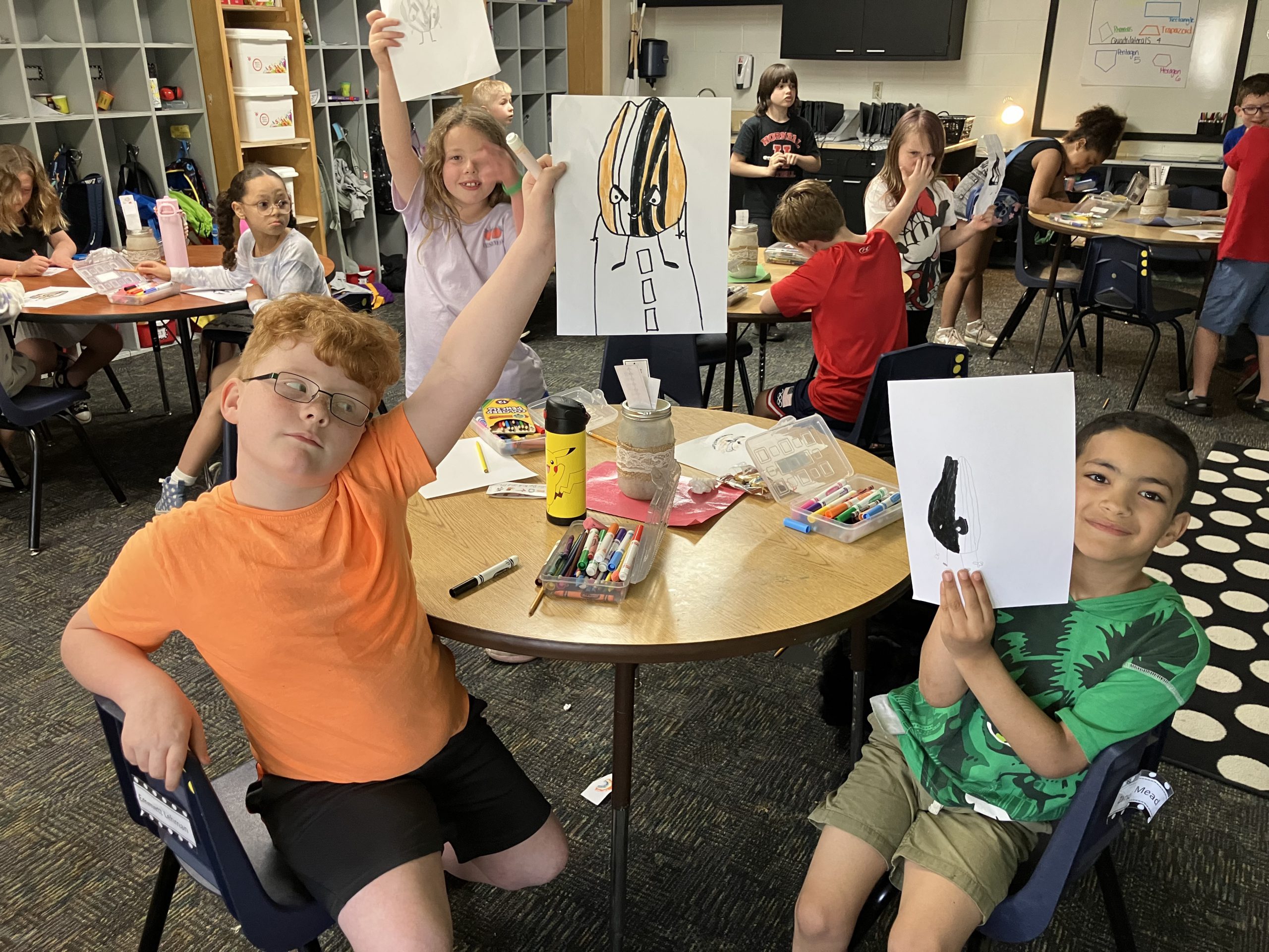 students drawing on the first day of school